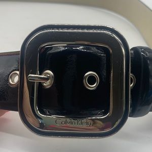 Calvin Klein Black Shiny patent Leather belt with square silver buckle XL